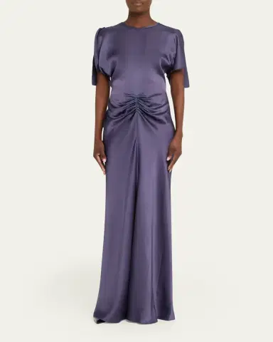 Victoria Beckham Gathered Waist Flutter-Sleeve Satin Gown | Thumbnail 2 Victoria Beckham Gathered Waist Flutter-Sleeve Satin Gown | Thumbnail 2