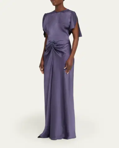 Victoria Beckham Gathered Waist Flutter-Sleeve Satin Gown | Thumbnail 4 Victoria Beckham Gathered Waist Flutter-Sleeve Satin Gown | Thumbnail 4