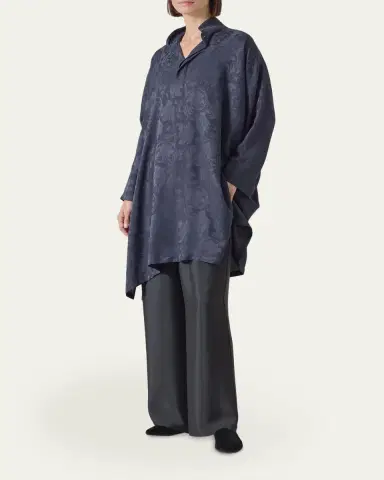 Eskandar Wide A-Line Double Stand Collar Shirt - Very Long Length With Slits | Thumbnail 2 Eskandar Wide A-Line Double Stand Collar Shirt - Very Long Length With Slits | Thumbnail 2