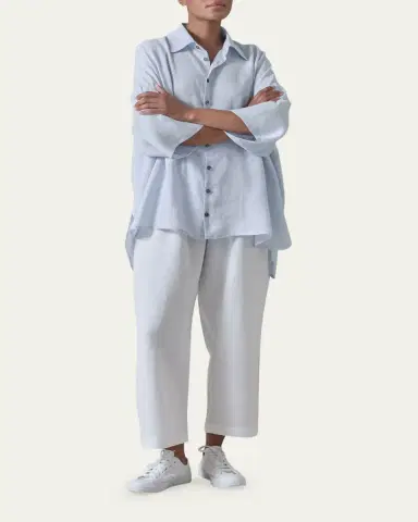 Eskandar Sloped Shoulder Wide A-Line Short Sleeve Shirt With Collar - Mid Length | Thumbnail 2 Eskandar Sloped Shoulder Wide A-Line Short Sleeve Shirt With Collar - Mid Length | Thumbnail 2