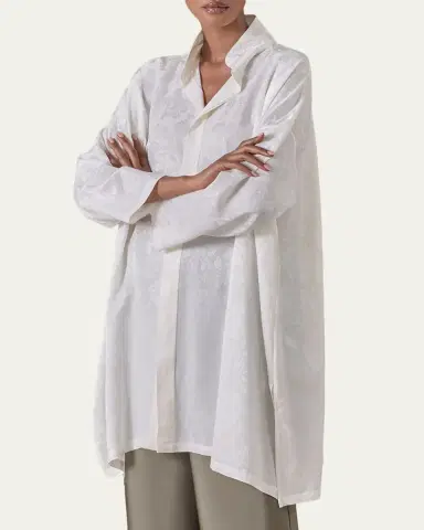 Eskandar Wide A-Line Double Stand Collar Shirt - Very Long Length With Slits | Thumbnail 4 Eskandar Wide A-Line Double Stand Collar Shirt - Very Long Length With Slits | Thumbnail 4