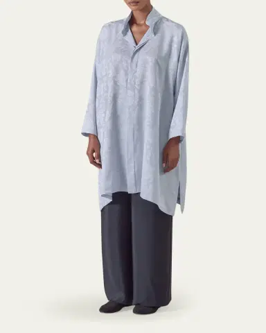 Eskandar Wide A-Line Double Stand Collar Shirt - Very Long Length With Slits | Thumbnail 2 Eskandar Wide A-Line Double Stand Collar Shirt - Very Long Length With Slits | Thumbnail 2