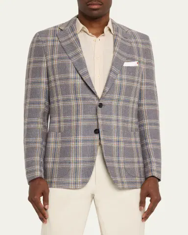 Kiton Men's Plaid Cashmere and Linen Single-Breasted Sport Coat | Thumbnail 4 Kiton Men's Plaid Cashmere and Linen Single-Breasted Sport Coat | Thumbnail 4
