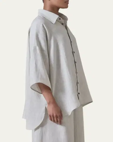 Eskandar Sloped Shoulder Wide A-Line Short Sleeve Shirt With Collar - Mid Length | Thumbnail 4 Eskandar Sloped Shoulder Wide A-Line Short Sleeve Shirt With Collar - Mid Length | Thumbnail 4