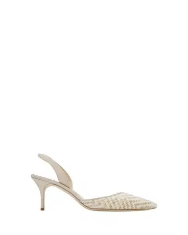 Manolo Blahnik 50mm Carolyne Woven Kitten-Heel Halter Pumps | Thumbnail 1 Manolo Blahnik 50mm Carolyne Woven Kitten-Heel Halter Pumps | Thumbnail 1