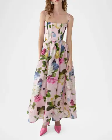 Carolina Herrera Floral Silk Faille Sleeveless Corset Midi Dress | Thumbnail 3 Carolina Herrera Floral Silk Faille Sleeveless Corset Midi Dress | Thumbnail 3