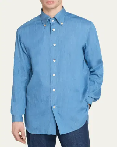 Kiton Men's Cotton Chambray Button-Down Shirt | Thumbnail 4 Kiton Men's Cotton Chambray Button-Down Shirt | Thumbnail 4