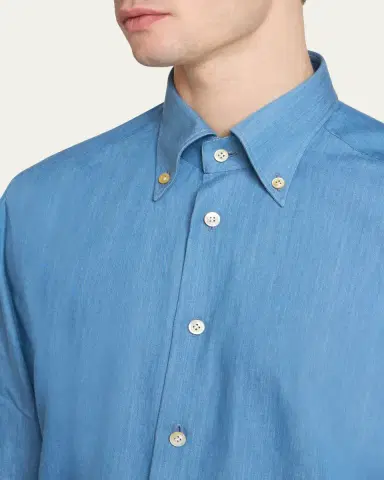 Kiton Men's Cotton Chambray Button-Down Shirt | Thumbnail 5 Kiton Men's Cotton Chambray Button-Down Shirt | Thumbnail 5
