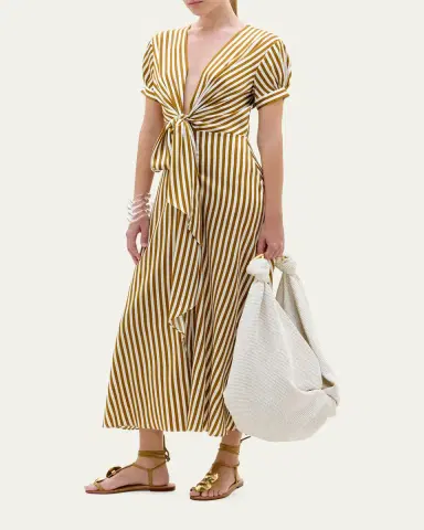 Silvia Tcherassi Zila Plunging Knot Striped Silk Midi Dress | Thumbnail 2 Silvia Tcherassi Zila Plunging Knot Striped Silk Midi Dress | Thumbnail 2