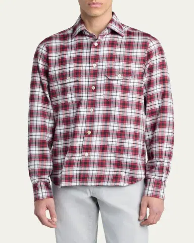 Kiton Men's Cotton and Cashmere Plaid Double-Pocket Button-Down Shirt | Thumbnail 4 Kiton Men's Cotton and Cashmere Plaid Double-Pocket Button-Down Shirt | Thumbnail 4