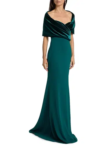 Badgley Mischka Women's Stretch-Crepe Shawl-Collar Gown - Teal | Thumbnail 2 Badgley Mischka Women's Stretch-Crepe Shawl-Collar Gown - Teal | Thumbnail 2