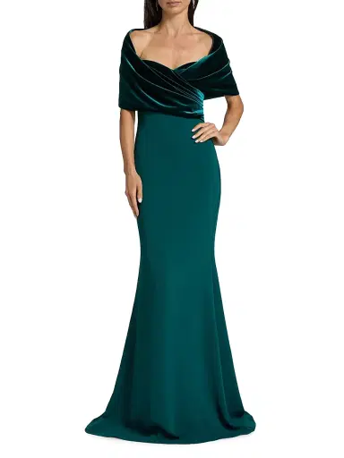 Badgley Mischka Women's Stretch-Crepe Shawl-Collar Gown - Teal | Thumbnail 3 Badgley Mischka Women's Stretch-Crepe Shawl-Collar Gown - Teal | Thumbnail 3