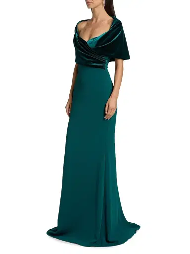 Badgley Mischka Women's Stretch-Crepe Shawl-Collar Gown - Teal | Thumbnail 4 Badgley Mischka Women's Stretch-Crepe Shawl-Collar Gown - Teal | Thumbnail 4