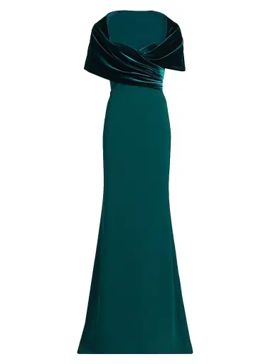 Badgley Mischka Women's Stretch-Crepe Shawl-Collar Gown - Teal | Thumbnail 1 Badgley Mischka Women's Stretch-Crepe Shawl-Collar Gown - Teal | Thumbnail 1