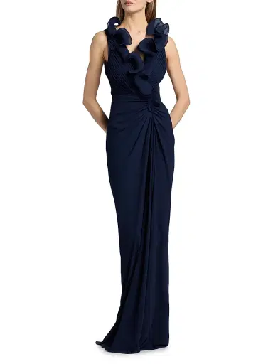 BADGLEY MISCHKA Women's Gathered Ruffle Column Gown - Navy - Size 0 | Thumbnail 2 BADGLEY MISCHKA Women's Gathered Ruffle Column Gown - Navy - Size 0 | Thumbnail 2