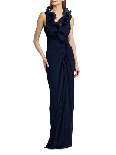 BADGLEY MISCHKA Women's Gathered Ruffle Column Gown - Navy - Size 0 | Thumbnail 3 BADGLEY MISCHKA Women's Gathered Ruffle Column Gown - Navy - Size 0 | Thumbnail 3