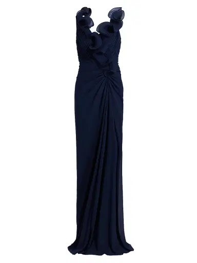 BADGLEY MISCHKA Women's Gathered Ruffle Column Gown - Navy - Size 0 | Thumbnail 1 BADGLEY MISCHKA Women's Gathered Ruffle Column Gown - Navy - Size 0 | Thumbnail 1