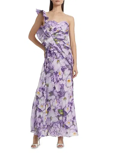 Badgley Mischka Women's Floral Ruffle One-Shoulder Gown - Lilac Multi | Thumbnail 3 Badgley Mischka Women's Floral Ruffle One-Shoulder Gown - Lilac Multi | Thumbnail 3