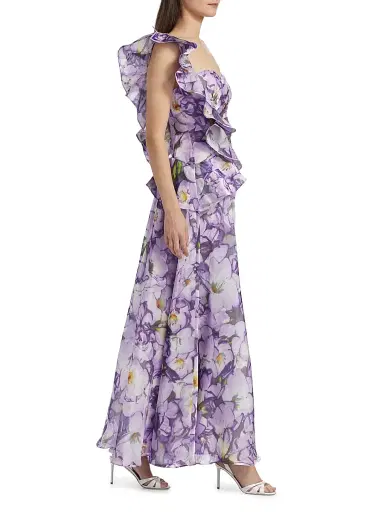 Badgley Mischka Women's Floral Ruffle One-Shoulder Gown - Lilac Multi | Thumbnail 4 Badgley Mischka Women's Floral Ruffle One-Shoulder Gown - Lilac Multi | Thumbnail 4