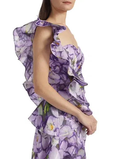 Badgley Mischka Women's Floral Ruffle One-Shoulder Gown - Lilac Multi | Thumbnail 6 Badgley Mischka Women's Floral Ruffle One-Shoulder Gown - Lilac Multi | Thumbnail 6