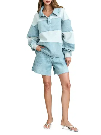 SEROYA Women's Cher Striped Mixed-Media Polo Sweatshirt - Light Grey Coastline | Thumbnail 2 SEROYA Women's Cher Striped Mixed-Media Polo Sweatshirt - Light Grey Coastline | Thumbnail 2