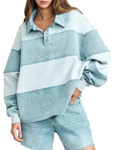 SEROYA Women's Cher Striped Mixed-Media Polo Sweatshirt - Light Grey Coastline | Thumbnail 3 SEROYA Women's Cher Striped Mixed-Media Polo Sweatshirt - Light Grey Coastline | Thumbnail 3