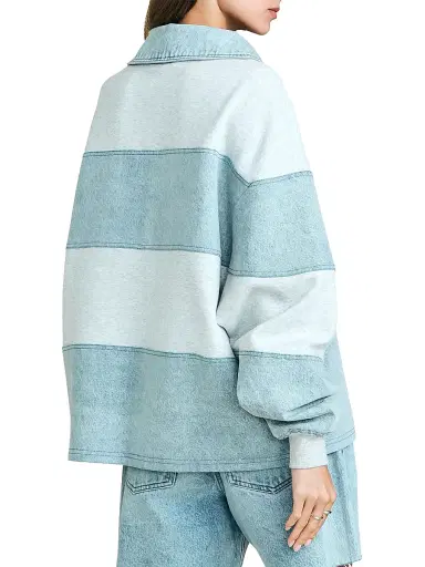 SEROYA Women's Cher Striped Mixed-Media Polo Sweatshirt - Light Grey Coastline | Thumbnail 4 SEROYA Women's Cher Striped Mixed-Media Polo Sweatshirt - Light Grey Coastline | Thumbnail 4
