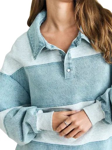 SEROYA Women's Cher Striped Mixed-Media Polo Sweatshirt - Light Grey Coastline | Thumbnail 5 SEROYA Women's Cher Striped Mixed-Media Polo Sweatshirt - Light Grey Coastline | Thumbnail 5
