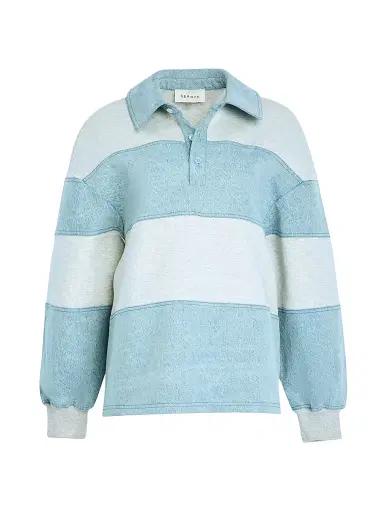 SEROYA Women's Cher Striped Mixed-Media Polo Sweatshirt - Light Grey Coastline | Thumbnail 1 SEROYA Women's Cher Striped Mixed-Media Polo Sweatshirt - Light Grey Coastline | Thumbnail 1
