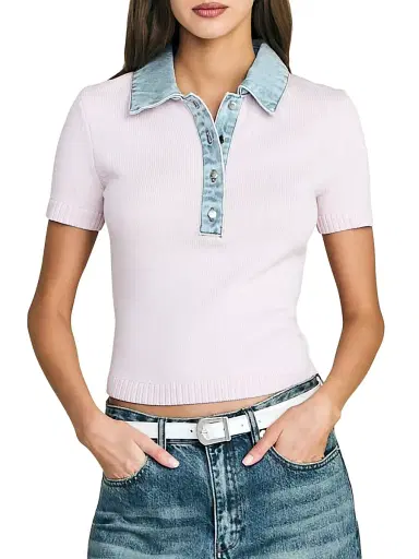 SEROYA Women's Erika Mixed-Media Short-Sleeve Polo Top - Petal Pink Coast | Thumbnail 3 SEROYA Women's Erika Mixed-Media Short-Sleeve Polo Top - Petal Pink Coast | Thumbnail 3