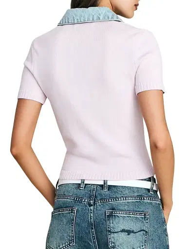 SEROYA Women's Erika Mixed-Media Short-Sleeve Polo Top - Petal Pink Coast | Thumbnail 4 SEROYA Women's Erika Mixed-Media Short-Sleeve Polo Top - Petal Pink Coast | Thumbnail 4