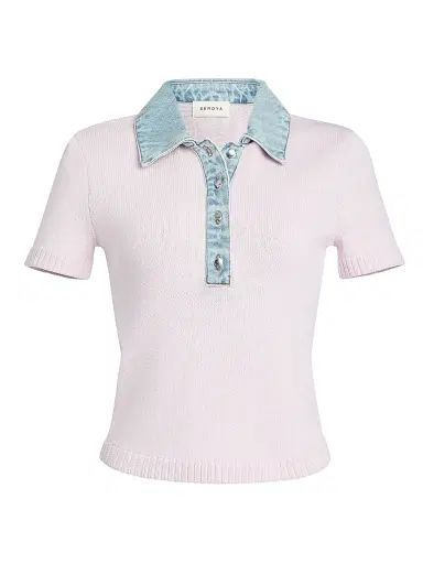 SEROYA Women's Erika Mixed-Media Short-Sleeve Polo Top - Petal Pink Coast | Thumbnail 1 SEROYA Women's Erika Mixed-Media Short-Sleeve Polo Top - Petal Pink Coast | Thumbnail 1