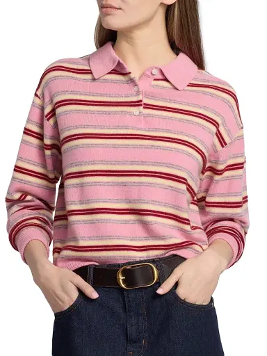 Guest in Residence Women's Collegiate-Striped Cashmere Polo Shirt - Sprinkle Combo | Thumbnail 6 Guest in Residence Women's Collegiate-Striped Cashmere Polo Shirt - Sprinkle Combo | Thumbnail 6