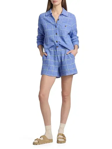 Guest in Residence Women's Windowpane Check Cashmere-Linen Shirt - Delft Blue Butter | Thumbnail 2 Guest in Residence Women's Windowpane Check Cashmere-Linen Shirt - Delft Blue Butter | Thumbnail 2