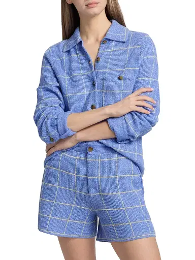 Guest in Residence Women's Windowpane Check Cashmere-Linen Shirt - Delft Blue Butter | Thumbnail 3 Guest in Residence Women's Windowpane Check Cashmere-Linen Shirt - Delft Blue Butter | Thumbnail 3
