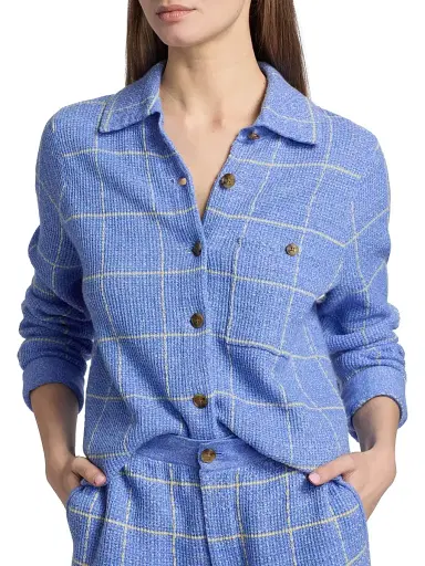 Guest in Residence Women's Windowpane Check Cashmere-Linen Shirt - Delft Blue Butter | Thumbnail 6 Guest in Residence Women's Windowpane Check Cashmere-Linen Shirt - Delft Blue Butter | Thumbnail 6