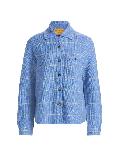 Guest in Residence Women's Windowpane Check Cashmere-Linen Shirt - Delft Blue Butter | Thumbnail 1 Guest in Residence Women's Windowpane Check Cashmere-Linen Shirt - Delft Blue Butter | Thumbnail 1