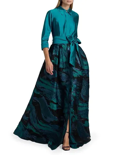 Teri Jon by Rickie Freeman Women's Wave Jacquard Shirtwaist Gown - Teal Multi | Thumbnail 2 Teri Jon by Rickie Freeman Women's Wave Jacquard Shirtwaist Gown - Teal Multi | Thumbnail 2