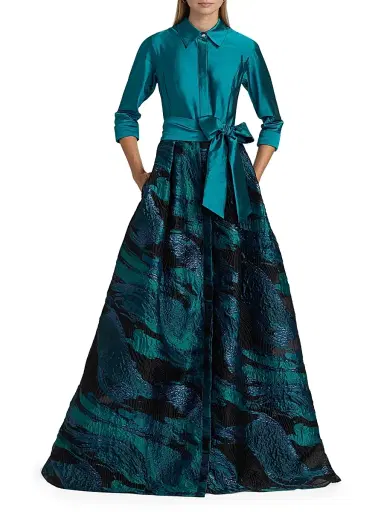 Teri Jon by Rickie Freeman Women's Wave Jacquard Shirtwaist Gown - Teal Multi | Thumbnail 3 Teri Jon by Rickie Freeman Women's Wave Jacquard Shirtwaist Gown - Teal Multi | Thumbnail 3