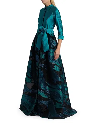 Teri Jon by Rickie Freeman Women's Wave Jacquard Shirtwaist Gown - Teal Multi | Thumbnail 4 Teri Jon by Rickie Freeman Women's Wave Jacquard Shirtwaist Gown - Teal Multi | Thumbnail 4