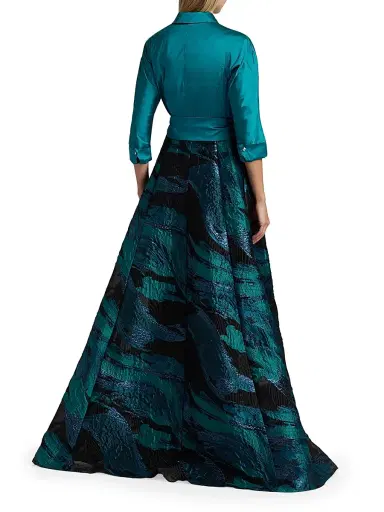 Teri Jon by Rickie Freeman Women's Wave Jacquard Shirtwaist Gown - Teal Multi | Thumbnail 5 Teri Jon by Rickie Freeman Women's Wave Jacquard Shirtwaist Gown - Teal Multi | Thumbnail 5