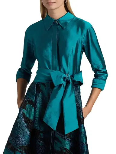 Teri Jon by Rickie Freeman Women's Wave Jacquard Shirtwaist Gown - Teal Multi | Thumbnail 6 Teri Jon by Rickie Freeman Women's Wave Jacquard Shirtwaist Gown - Teal Multi | Thumbnail 6