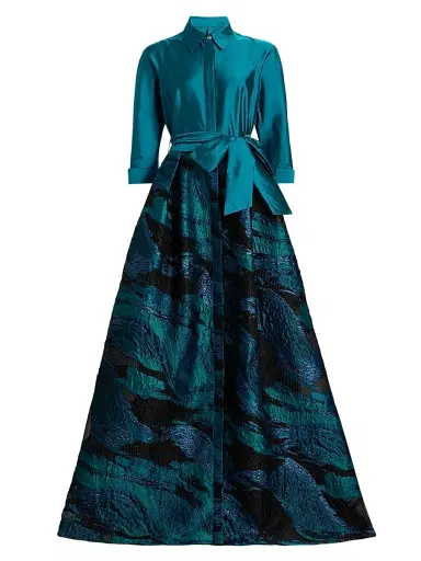 Teri Jon by Rickie Freeman Women's Wave Jacquard Shirtwaist Gown - Teal Multi | Thumbnail 1 Teri Jon by Rickie Freeman Women's Wave Jacquard Shirtwaist Gown - Teal Multi | Thumbnail 1