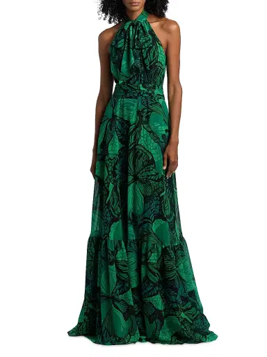 Teri Jon by Rickie Freeman Women's Floral Chiffon Halter Fit & Flare Gown - Green Multi | Thumbnail 3 Teri Jon by Rickie Freeman Women's Floral Chiffon Halter Fit & Flare Gown - Green Multi | Thumbnail 3