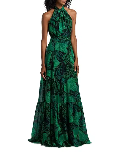 Teri Jon by Rickie Freeman Women's Floral Chiffon Halter Fit & Flare Gown - Green Multi | Thumbnail 4 Teri Jon by Rickie Freeman Women's Floral Chiffon Halter Fit & Flare Gown - Green Multi | Thumbnail 4