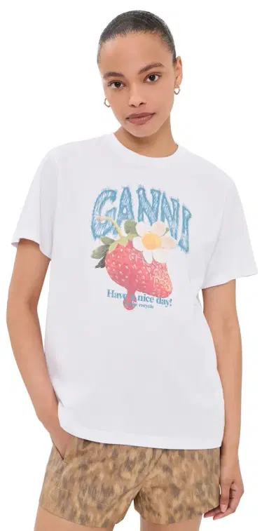 GANNI Basic Cotton Jersey trawberry Print Tee Bright White | Thumbnail 1 GANNI Basic Cotton Jersey trawberry Print Tee Bright White | Thumbnail 1