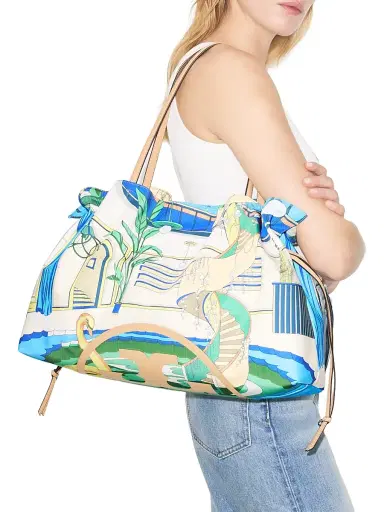 Tory Burch Women's Ella Printed Drawstring Tote Bag - Pool Blue | Thumbnail 2 Tory Burch Women's Ella Printed Drawstring Tote Bag - Pool Blue | Thumbnail 2