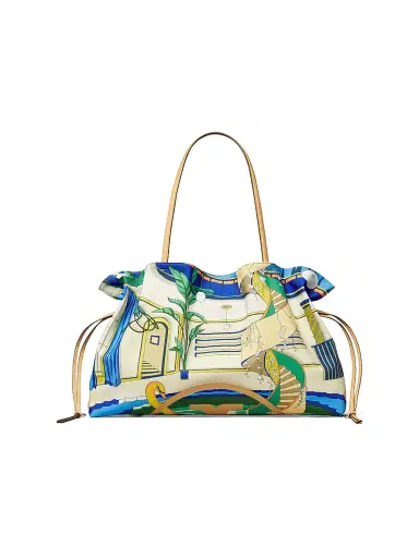 Tory Burch Women's Ella Printed Drawstring Tote Bag - Pool Blue | Thumbnail 1 Tory Burch Women's Ella Printed Drawstring Tote Bag - Pool Blue | Thumbnail 1