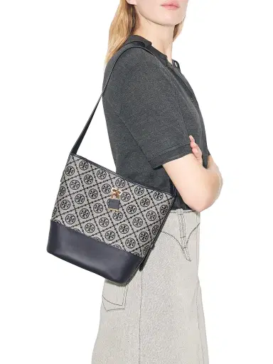 Tory Burch Women's Lock T Monogram Slim Medium Bucket Bag - Tory Navy | Thumbnail 2 Tory Burch Women's Lock T Monogram Slim Medium Bucket Bag - Tory Navy | Thumbnail 2