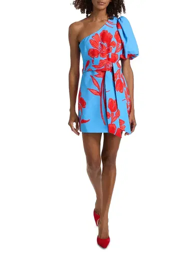 Cara Cara Women's Lucia One-Shoulder Puff Sleeve Floral Minidress - Flora Shadow Sky - Size 2 | Thumbnail 2 Cara Cara Women's Lucia One-Shoulder Puff Sleeve Floral Minidress - Flora Shadow Sky - Size 2 | Thumbnail 2